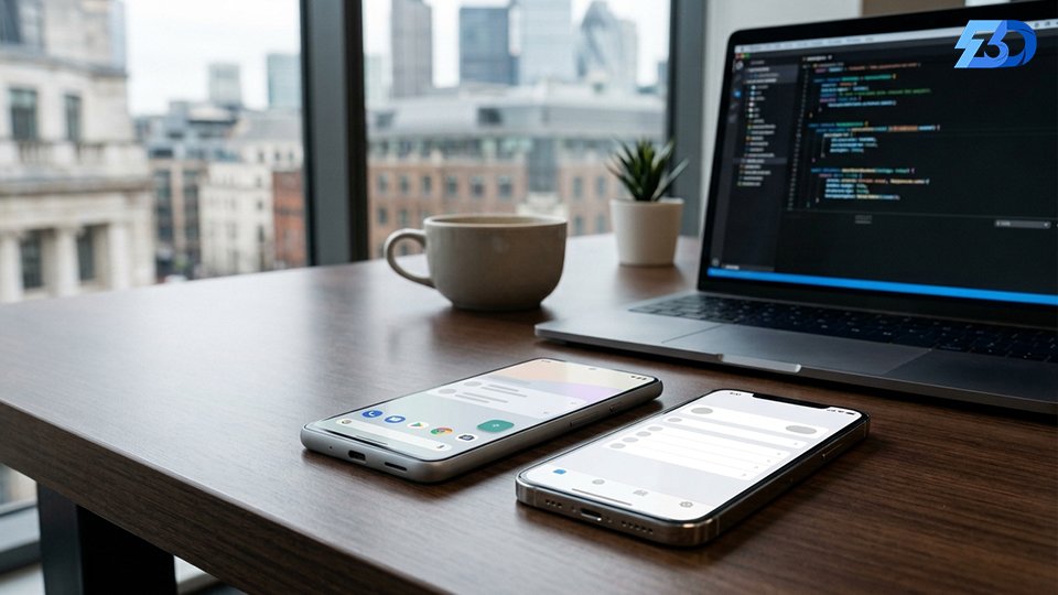 two phones with website open on laptop