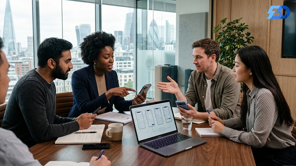 group discussion with laptop open 