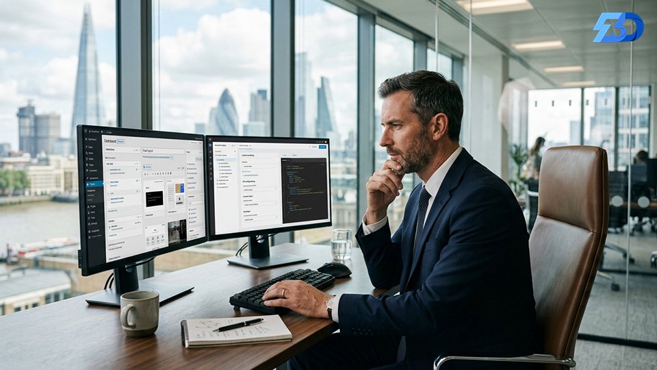 man thinking and watching the headless cms screen