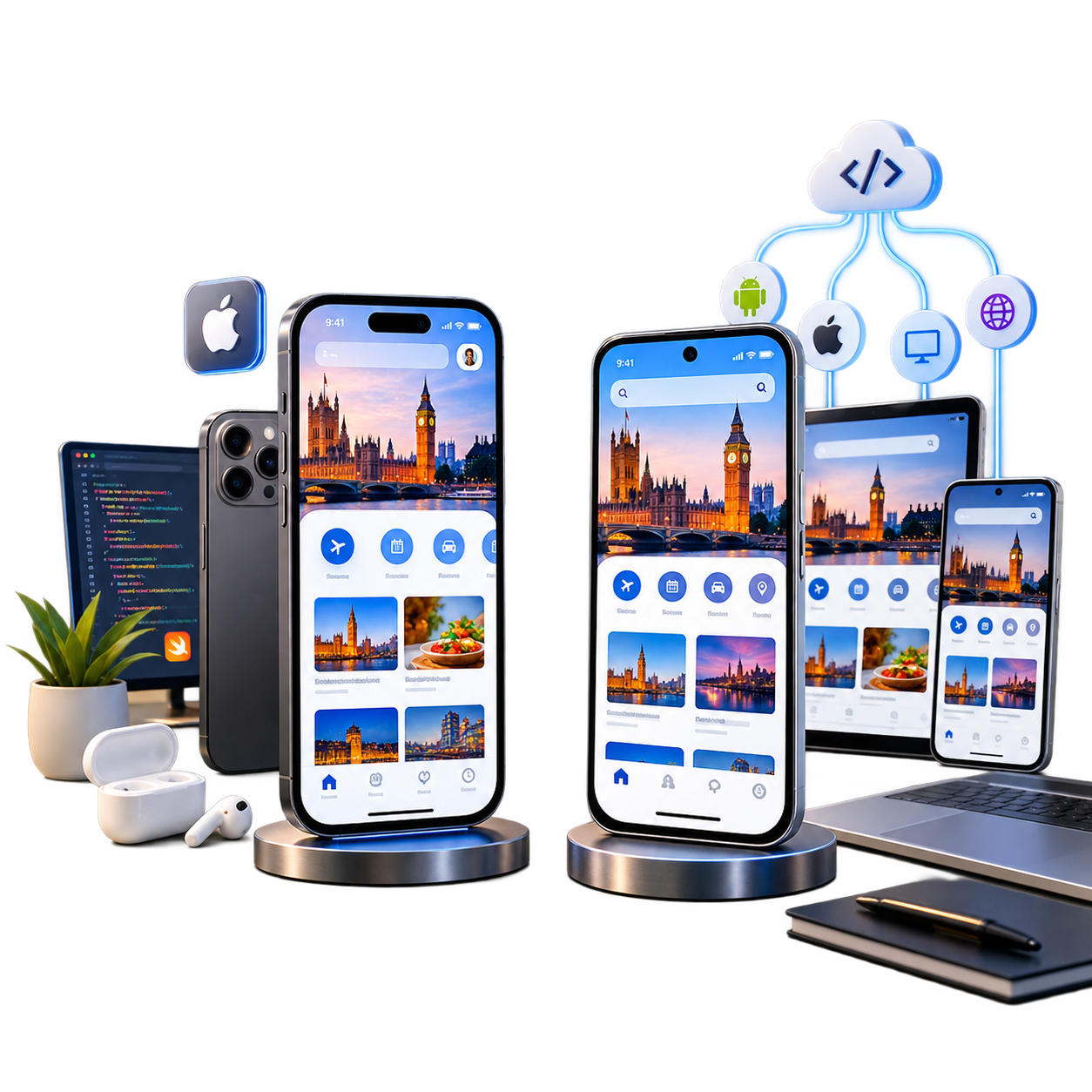 Cross-platform mobile app displaying travel content across smartphones, tablet, and laptop