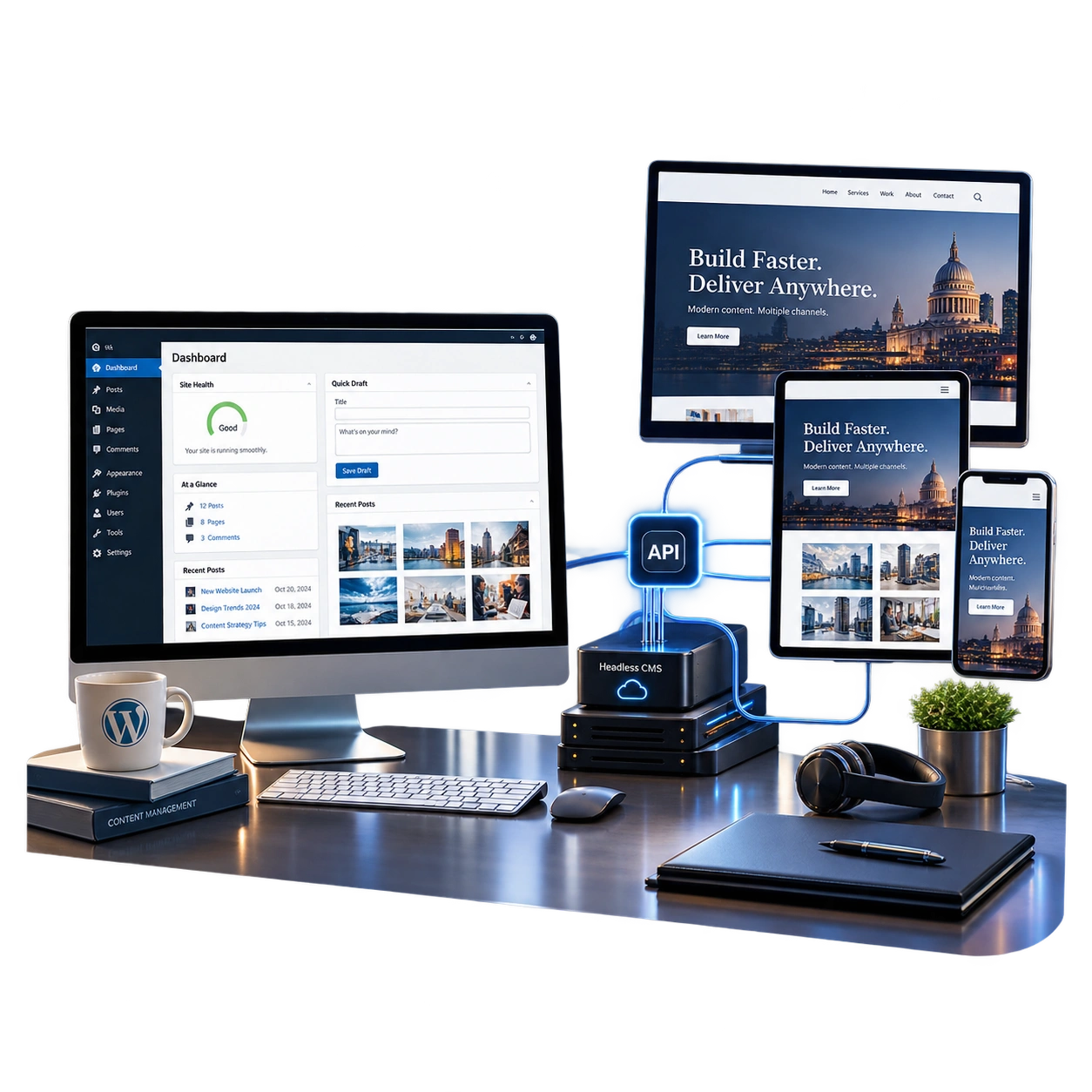 Headless CMS with API delivering content across desktop, tablet, and mobile devices